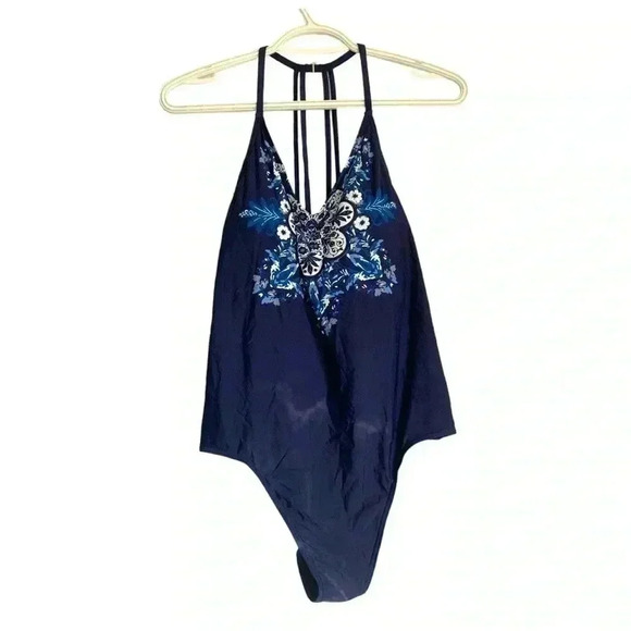 Aqua Rose Blue with Floral  Swim Suit with Open Back, Size Medium - Picture 3 of 6